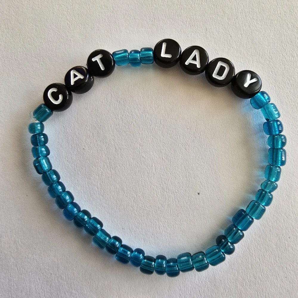 Cat Lady bracelet teal blue stretch handmade beaded word friendship jewelry
